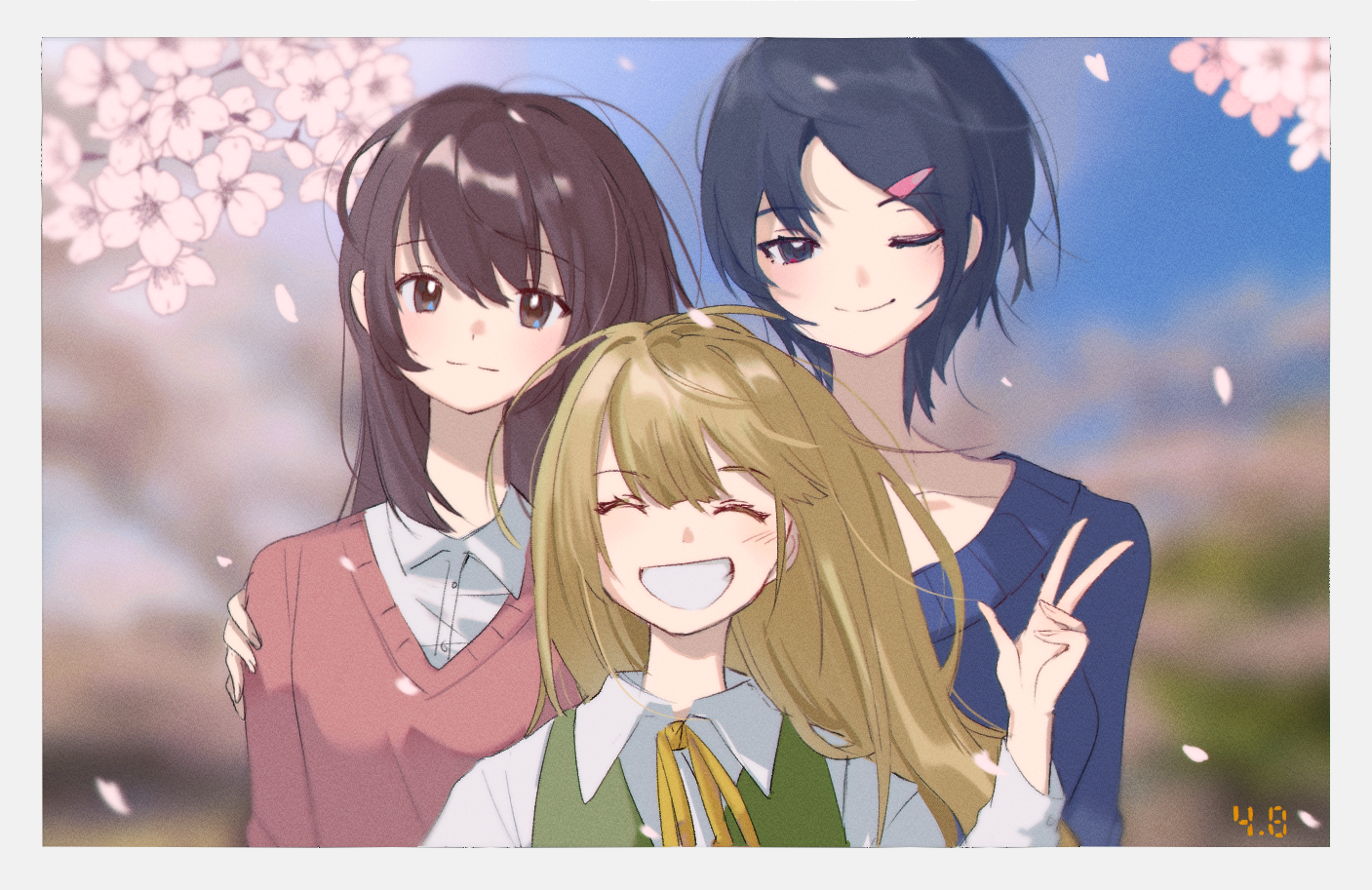 3girls arm_around_shoulder black_hair blonde_hair blue_eyes blue_sky blue_sweater blurry blurry_background border brown_eyes brown_hair cherry_blossoms closed_eyes closed_mouth day facing_viewer falling_petals floating_hair gotou_erina grin hair_ornament hairclip hand_up hrdrifter kogoori_natsumi long_hair long_sleeves looking_at_viewer multiple_girls neck_ribbon niimura_haruka one_eye_closed outdoors petals photo_(object) pink_sweater ribbon shigatsu_youka shirt sky smile sweater swept_bangs timestamp upper_body w white_border white_shirt yellow_ribbon