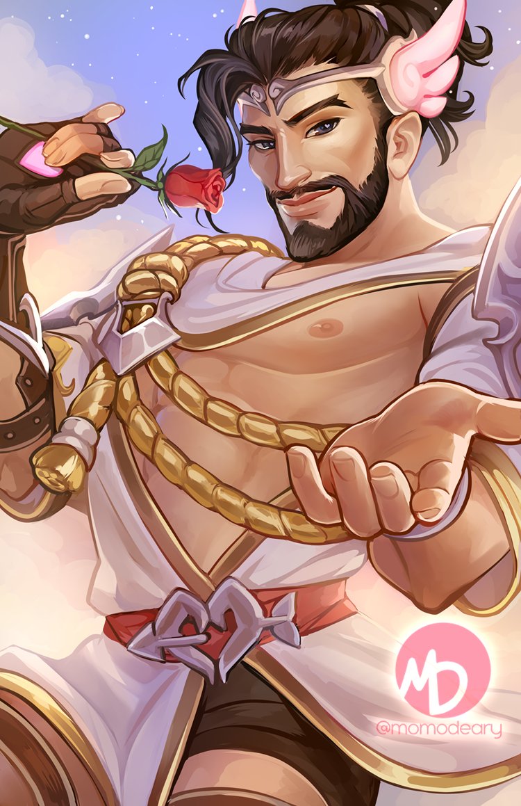 1boy ancient_greek_clothes arrow_(projectile) asian bara beard beckoning brown_hair cupid_hanzo facial_hair flower greco-roman_clothes hanzo_(overwatch) holding holding_flower large_pectorals male_focus momo-deary muscular muscular_male official_alternate_costume outstretched_hand overwatch pectorals reaching reaching_towards_viewer rose short_hair solo thick_eyebrows tiara underpec valentine