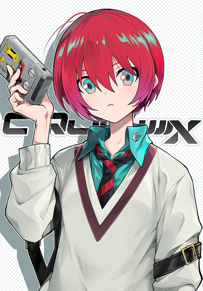 1girl :&lt; amate_yuzuriha aqua_eyes aqua_shirt black_necktie collared_shirt commentary copyright_name drop_shadow gradient_hair gundam gundam_gquuuuuux hair_between_eyes hand_up highres holding honi_(ohohoni) looking_at_viewer multicolored_hair necktie purple_hair red_hair red_necktie shirt short_hair simple_background solo striped_necktie sweater two-tone_necktie upper_body white_background white_sweater