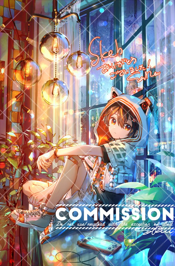 1boy animal_hood bandaid bandaid_on_leg commission game_console hood light_bulb looking_to_the_side naru_(andante) original plant sitting skeb_commission window wristband