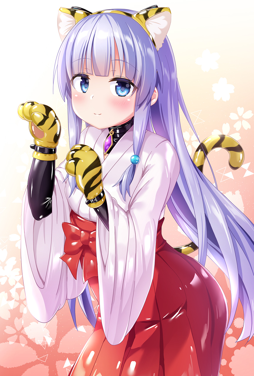 1girl animal_ear_fluff animal_ears animal_hands animal_print black_bodysuit blue_eyes blue_hair blush bodysuit bow brown_background chinese_zodiac closed_mouth commentary_request fake_animal_ears floral_background gloves gradient_background hairband hakama hakama_skirt hands_up highres indie_virtual_youtuber japanese_clothes kimono kneeling latex latex_bodysuit long_hair long_sleeves looking_at_viewer mitsuki_awano naka_(cheeseyeast) paw_gloves paw_pose red_bow red_hakama skirt smile solo tail tiger_ears tiger_girl tiger_print tiger_tail very_long_hair virtual_youtuber white_background white_kimono wide_sleeves year_of_the_tiger yellow_gloves yellow_hairband