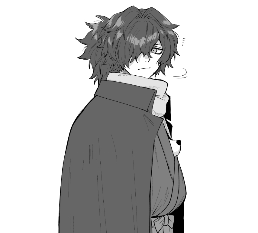 1boy closed_mouth dog fate/grand_order fate_(series) greyscale hair_over_one_eye haori japanese_clothes kimono looking_at_viewer male_focus medium_hair monochrome okada_izou_(fate) one_eye_covered ponytail scarf simple_background solo upper_body white_background yuta_arata