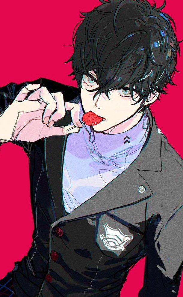 1boy amamiya_ren arm_up black_hair black_jacket blue_eyes buttons candy commentary crossed_bangs dutch_angle food grey_shirt holding holding_candy holding_food holding_lollipop jacket lapels lollipop lollipop_in_mouth long_sleeves looking_at_viewer lower_eyelashes_only male_focus meimei_hituzi no_eyewear notched_lapels persona persona_5 red_background school_emblem school_uniform shirt short_hair shuujin_academy_school_uniform simple_background solo suit_jacket symbol-only_commentary turtleneck