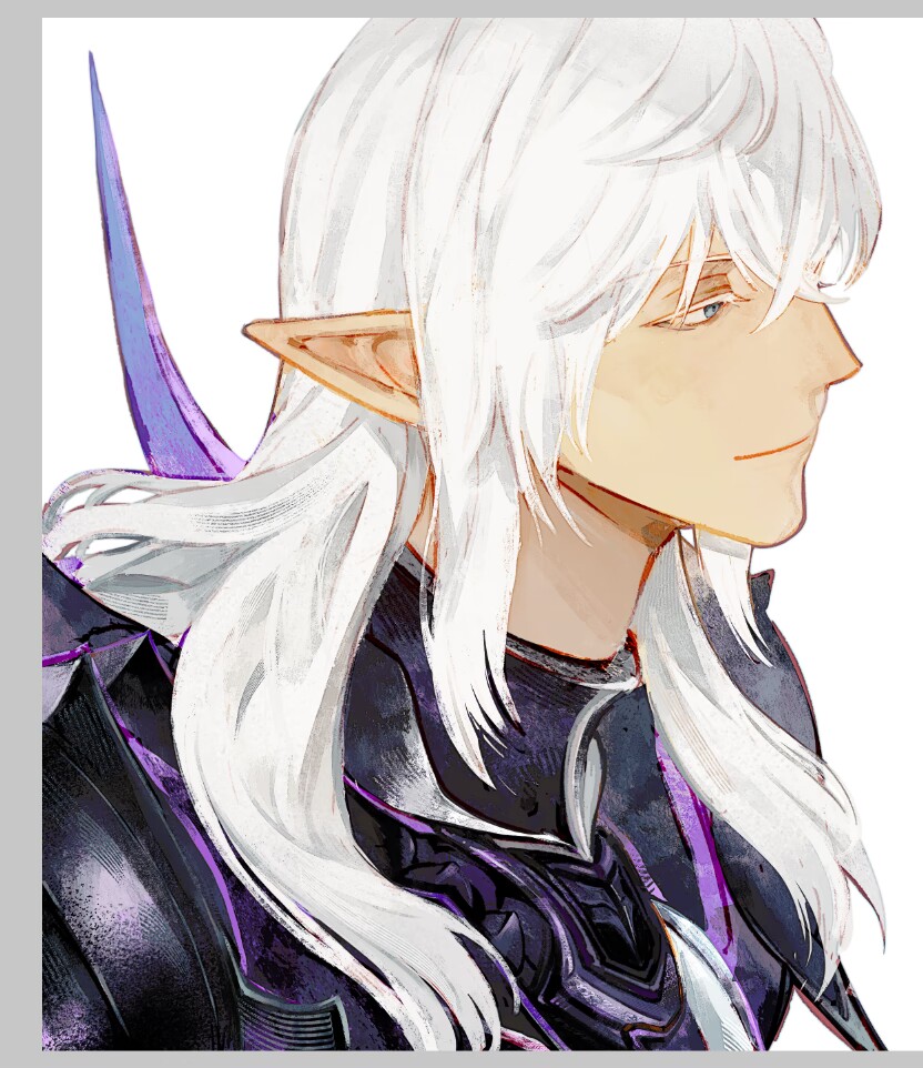 1boy armor black_armor blue_eyes breastplate chinese_commentary closed_mouth colored_eyelashes commentary_request crossed_bangs elezen elf estinien_varlineau final_fantasy final_fantasy_xiv hair_between_eyes long_hair long_pointy_ears male_focus pauldrons pointy_ears poooto10 profile shoulder_armor smile solo spiked_armor upper_body white_background white_hair