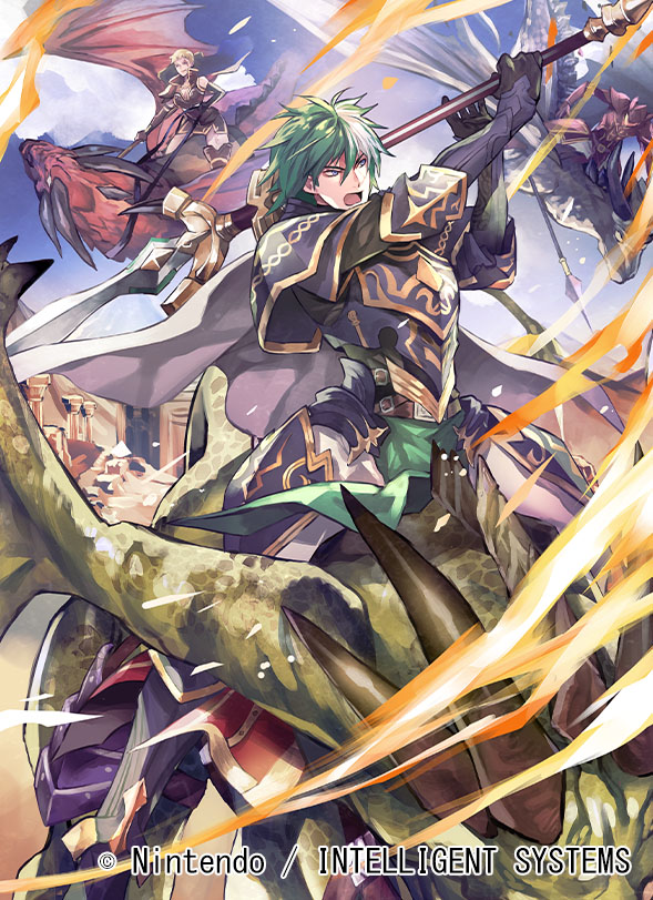 1boy 1girl armor armored_boots blonde_hair boots dragon dragon_wings faceless faceless_male fire_emblem fire_emblem:_the_blazing_blade fire_emblem_cipher gloves green_hair heath_(fire_emblem) helmet horns multicolored_hair nagahama_megumi nintendo official_art open_mouth polearm short_hair sky spear two-tone_hair vaida_(fire_emblem) weapon white_hair wings