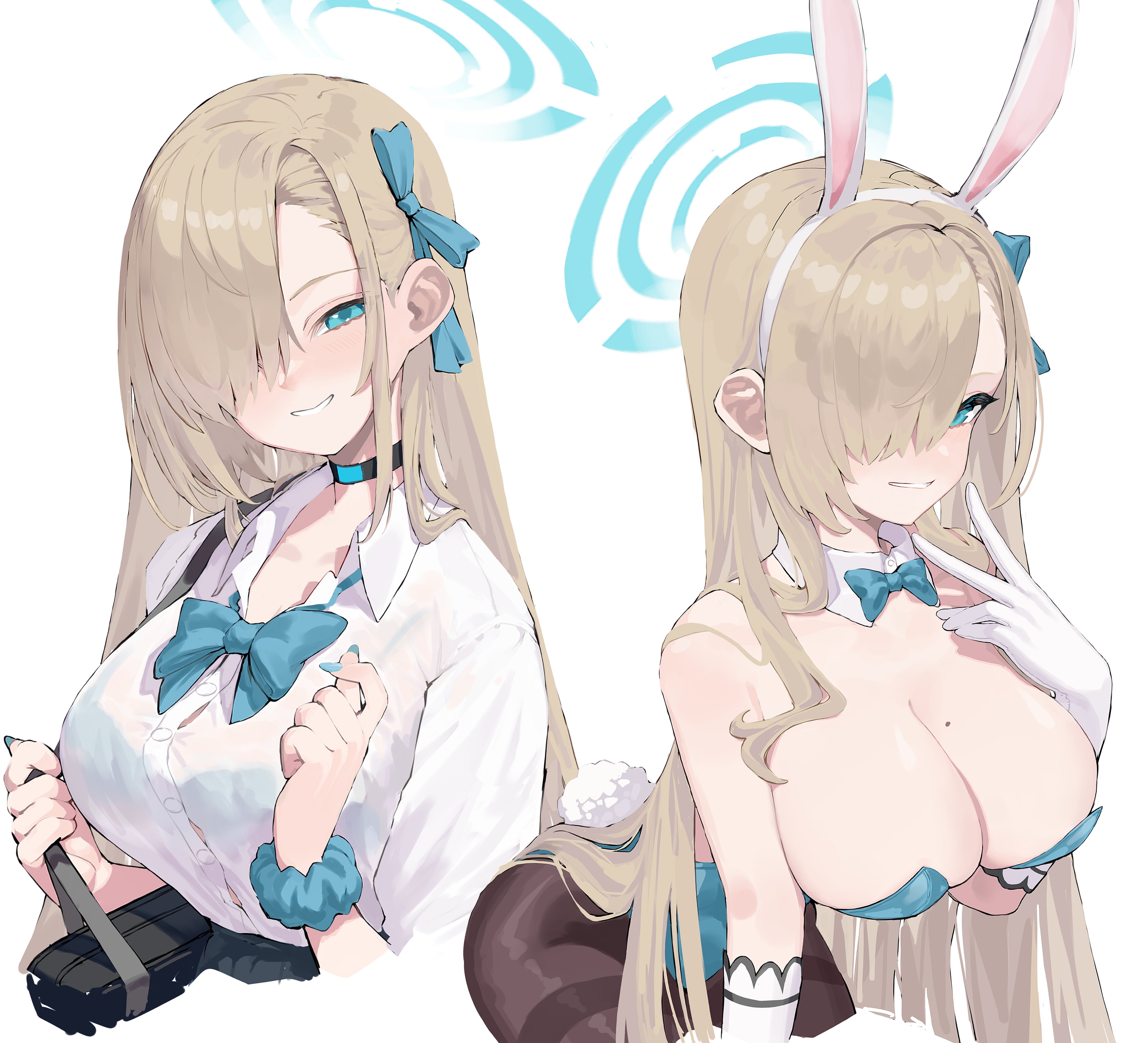 1girl absurdres animal_ears asuna_(blue_archive) asuna_(bunny)_(blue_archive) bag bare_shoulders black_choker black_pantyhose blue_archive blue_bow blue_bowtie blue_eyes blue_leotard blue_ribbon bow bowtie breasts choker cleavage cropped_legs detached_collar fake_animal_ears fake_tail gloves hair_over_one_eye hair_ribbon halo highres large_breasts leotard light_brown_hair long_hair looking_at_viewer mole mole_on_breast multiple_views pantyhose playboy_bunny rabbit_ears rabbit_tail ribbon scarlet23i0 scrunchie see-through_clothes shirt skirt smile strapless strapless_leotard tail traditional_bowtie v very_long_hair white_gloves white_shirt wrist_scrunchie