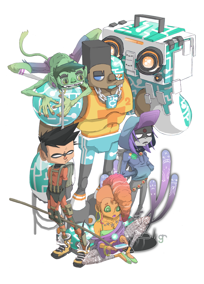2girls 3boys afro beast_boy_(dc) black_hair blue_eyes bodysuit boombox cartoon_network chain chain_necklace colored_sclera colored_skin commentary creature creature_on_shoulder crew_cut cyborg cyborg_(dc) dark-skinned_male dark_skin dc_comics dick_grayson domino_mask english_commentary facial_hair forehead_jewel full_body green_eyes green_hair green_sclera green_skin greigrapson grey_skin hand_in_pocket heterochromia initial jewelry light_smile mask multiple_boys multiple_girls muscular muscular_male mutton_chops necklace on_shoulder orange_hair orange_skin pointy_ears purple_hair raven_(dc) red_bodysuit robin_(dc) shoes short_hair smile staff starfire stick superhero_costume tail tank_top teen_titans twitter_username yellow_shoes