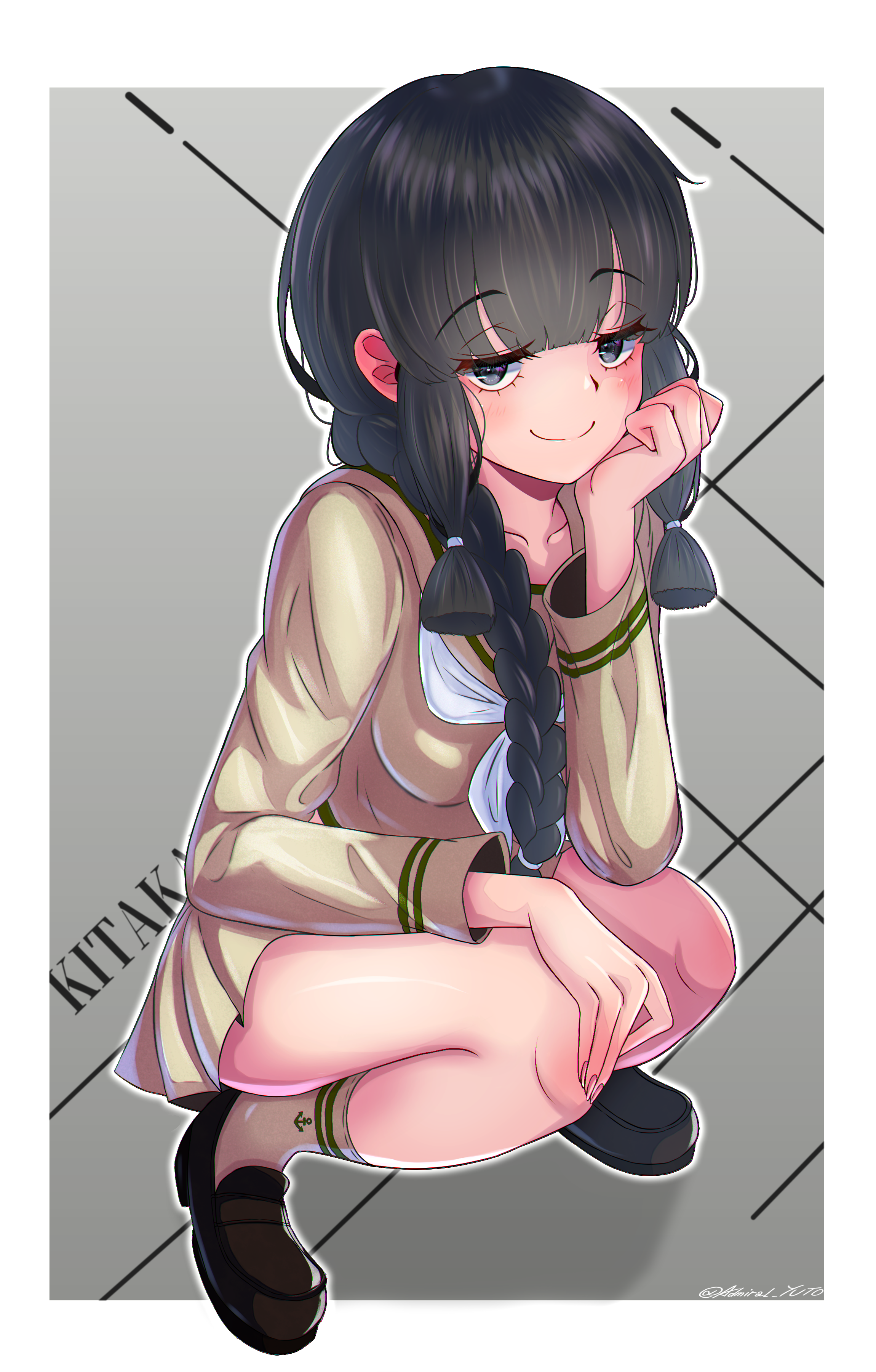 1girl absurdres anchor_symbol black_hair black_shoes blunt_bangs braid breasts character_name grey_eyes hair_over_shoulder hair_ribbon highres kantai_collection kitakami_(kancolle) kitakami_kai_ni_(kancolle) loafers long_hair long_sleeves looking_at_viewer miniskirt neckerchief ribbon sailor_collar school_uniform serafuku shoes single_braid skirt small_breasts smile socks solo squatting tress_ribbon white_neckerchief yellow_sailor_collar yellow_serafuku yellow_skirt yellow_socks yoko_hata