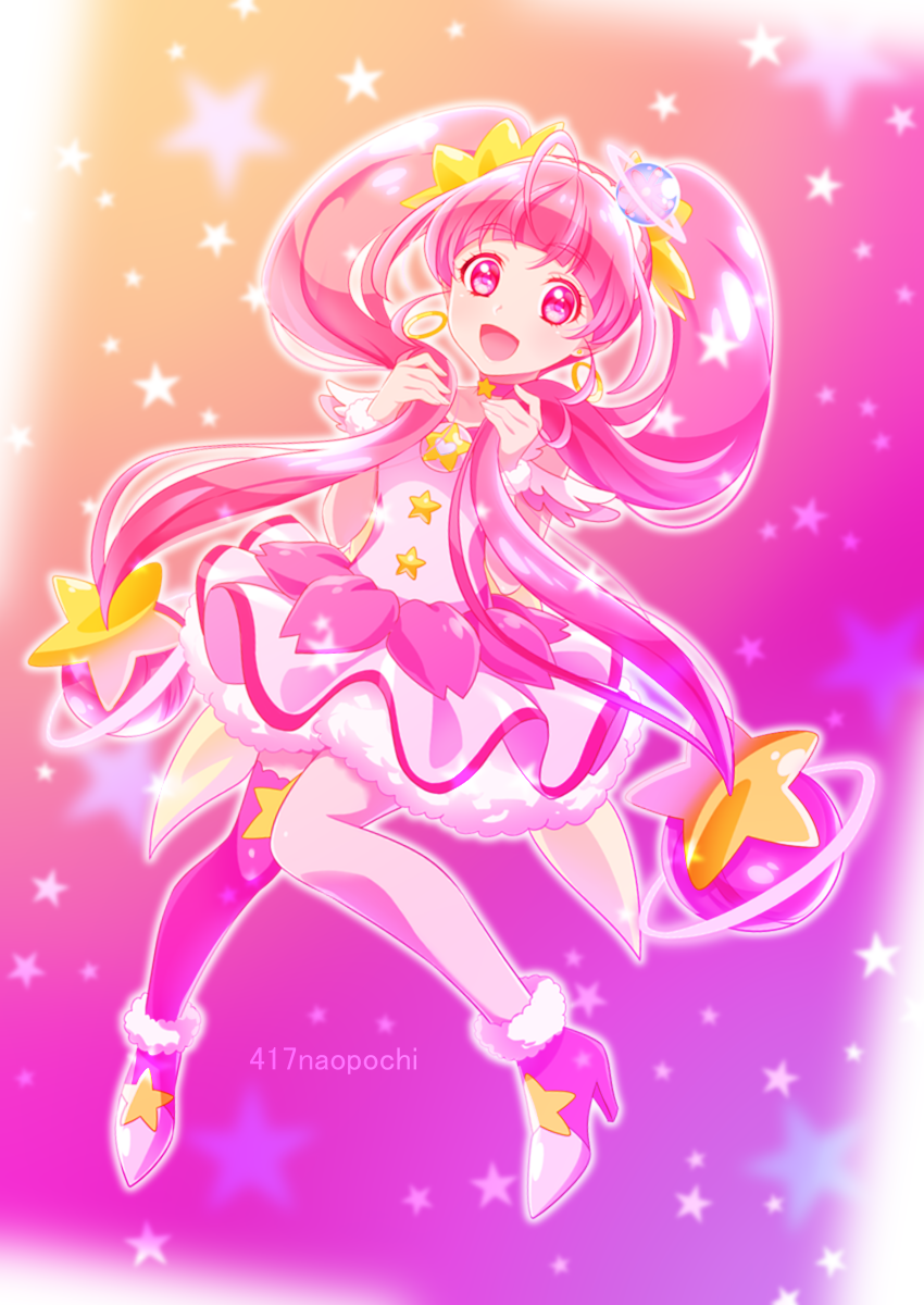 0417nao 1girl :d ahoge artist_name blunt_bangs choker cure_star dress floating_hair full_body fur_trim hair_ornament high_heels highres hoshina_hikaru layered_dress long_hair open_mouth pink_choker pink_dress pink_eyes pink_hair pink_thighhighs precure short_dress single_thighhigh sleeveless sleeveless_dress smile solo star_(symbol) star_choker star_hair_ornament star_print star_twinkle_precure thighhighs twintails very_long_hair
