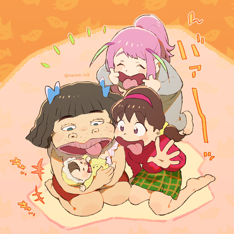 4girls baby blouse brown_eyes brown_hair carrying carrying_baby carrying_person dobusu_(osomatsu-san) fat fat_woman grey_shirt hair_ribbon hairband hashimoto_nyaa low_twintails mother_and_daughter motherly multiple_girls onesie osomatsu-san osomatsu_(series) pants pink_hair plaid_clothes plaid_skirt ponytail ribbon seiza shirt short_twintails show_chiku-by simple_background sitting skirt sleeveless sleeveless_shirt smile sweater sweatpants thick_lips tongue tongue_out turtleneck twintails yowai_totoko
