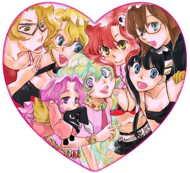 +_+ 00s 1boy 6+girls black_hair blonde_hair brown_hair cross-shaped_pupils darry_adai everyone fang glasses heart hoshino_hitsuki kinon_bachika kiyal_bachika kiyoh_bachika leite_jokin multiple_girls nia_teppelin nin_(lion) pink_hair red_hair symbol-shaped_pupils tengen_toppa_gurren_lagann yellow_eyes