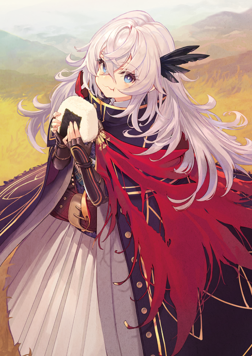 1girl armor belt belt_buckle black_coat blue_eyes bright_pupils brown_belt buckle buttons cape closed_mouth coat eating fate/grand_order fate_(series) feather_hair_ornament feathers feet_out_of_frame fingerless_gloves food game_cg gloves grey_gloves hair_between_eyes hair_ornament hakama hakama_skirt hands_up high_collar holding holding_food japanese_armor japanese_clothes kote kurokote long_hair looking_at_viewer looking_to_the_side official_art onigiri open_clothes open_coat red_cape saika_magoichi_(fate) shirabi sidelocks skirt solo third-party_source torn_cape torn_clothes wavy_mouth white_hair white_hakama white_pupils
