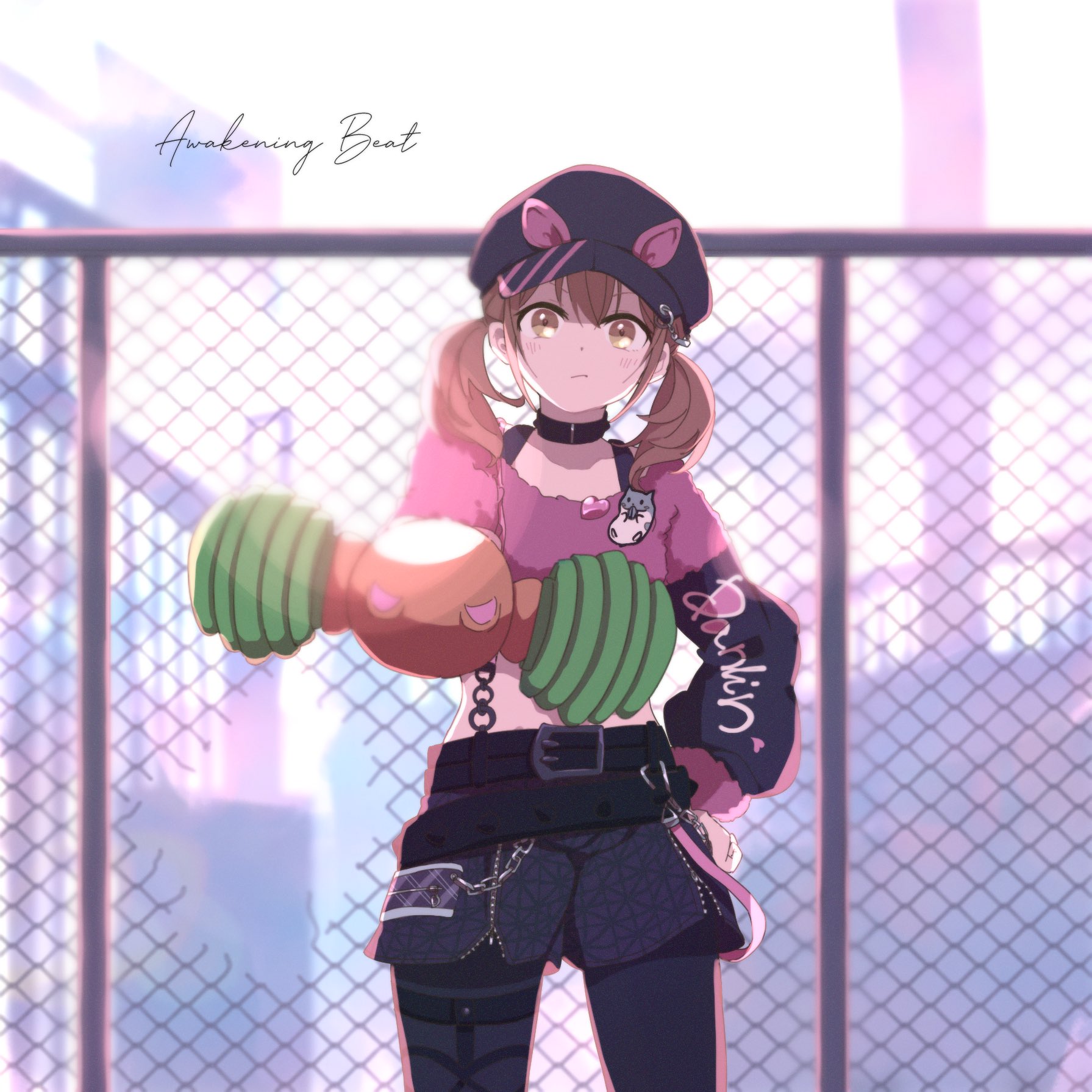 1girl awakening_beat_(project_sekai) azusawa_kohane belt black_belt black_choker black_hat black_pantyhose black_shorts blush brown_eyes brown_hair cabbie_hat chain-link_fence choker closed_mouth collarbone cowboy_shot crop_top dot_nose fence frown golf_club hair_between_eyes hand_on_own_hip hat head_tilt highres holding holding_golf_club legs_apart long_hair low_twintails outstretched_arm pantyhose pink_shirt project_sekai shirt short_twintails shorts solo twintails watanuki_(enu)
