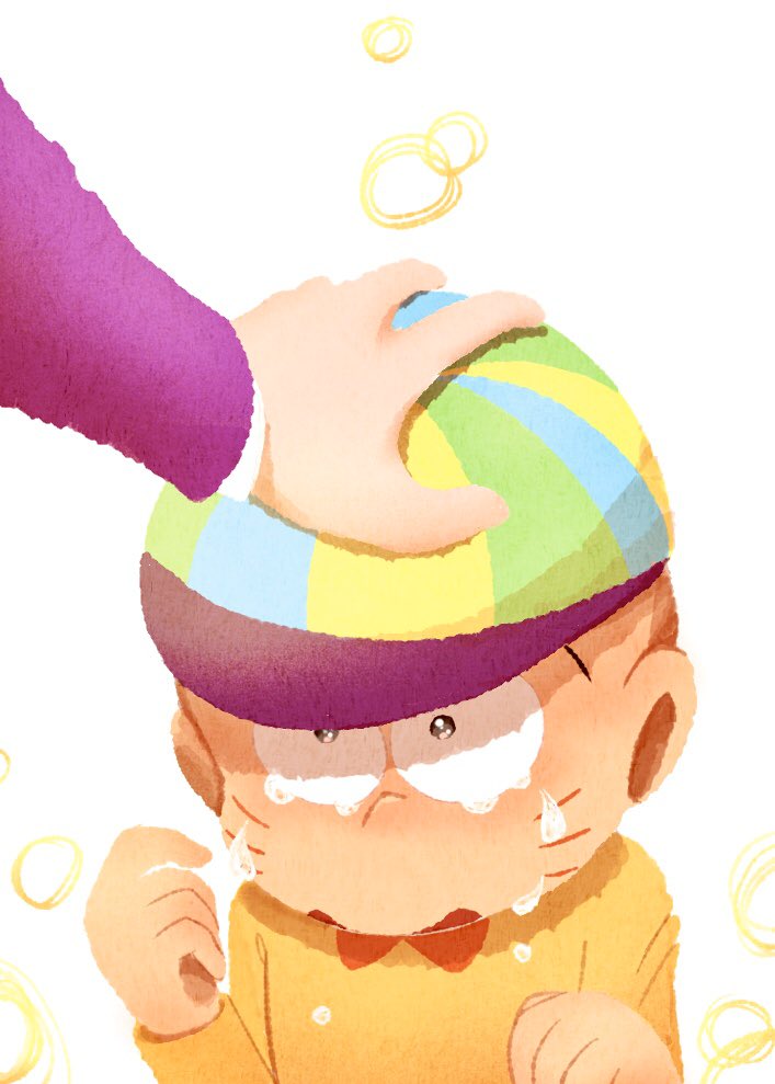 2boys bald bow bowtie chibita crying crying_with_eyes_open facial_mark hand_on_another&#039;s_head hat headpat hinakura3 iyami male_focus multiple_boys osomatsu-san osomatsu_(series) pov red_bow red_bowtie shirt tears white_background yellow_shirt
