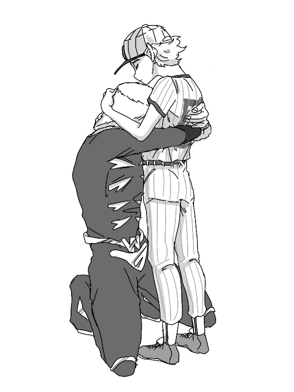 2boys baseball_cap baseball_uniform belt closed_eyes clothing_cutout comforting emporio_alnino fur_hat hat head_on_chest height_difference hug jojo_no_kimyou_na_bouken kneeling male_focus monochrome multiple_boys pikokoto555 profile short_hair sportswear stone_ocean weather_report white_background