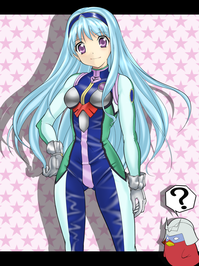1girl ? aqua_hair banpresto bird bodysuit border char_aznable female_focus gundam hairband long_hair mikeneko_(stray-sheep) musica_fareden pilot_suit purple_eyes questionmark real_robot_battle_line san_mou_neko solo star_(symbol) super_robot_wars