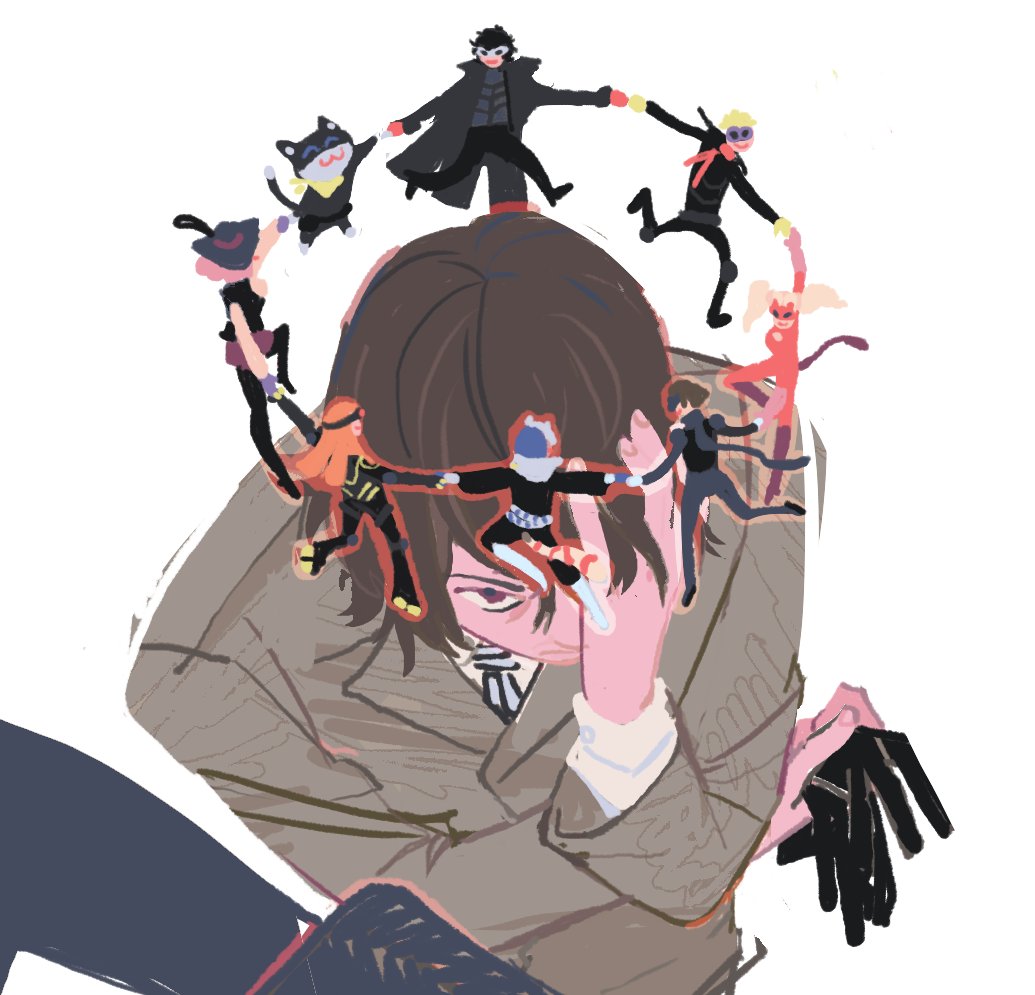 4boys 4girls akechi_gorou amamiya_ren bandana black_bodysuit black_coat black_gloves black_hair blonde_hair blue_hair bodysuit brown_hair brown_jacket cat_mask coat domino_mask floating fox_(persona_5) fox_mask from_above gloves grey_pants hand_on_own_face holding holding_gloves holding_hands holding_unworn_clothes jacket joker_(persona_5) kitagawa_yuusuke long_coat long_hair looking_up mask medium_hair morgana_(persona_5) multiple_boys multiple_girls necktie niijima_makoto noir_(persona_5) okumura_haru oracle_(persona_5) orange_hair panther_(persona_5) pants persona persona_5 pink_bodysuit pink_hair purple_skirt queen_(persona_5) red_eyes sakamoto_ryuuji sakura_futaba shegnanny shirt short_hair sketch skirt skull_(persona_5) solo_focus striped_necktie takamaki_anne twintails unworn_gloves white_background white_shirt yellow_bandana