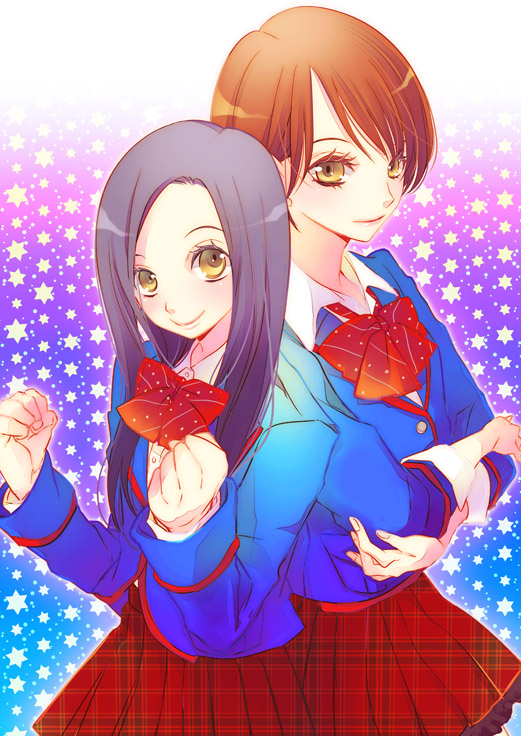 2girls blush bow brown_eyes brown_hair crossed_arms joujima_yuuki kamen_rider kamen_rider_fourze_(series) kazashiro_miu long_hair multiple_girls school_uniform short_hair skirt smile yoshizuna