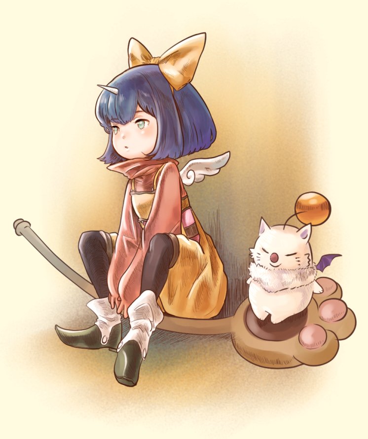 1girl blue_hair bodysuit bow closed_mouth eiko_carol final_fantasy final_fantasy_ix full_body gloves hair_bow horns ma-hain-scarlet mog moogle short_hair simple_background single_horn staff wings yellow_bow