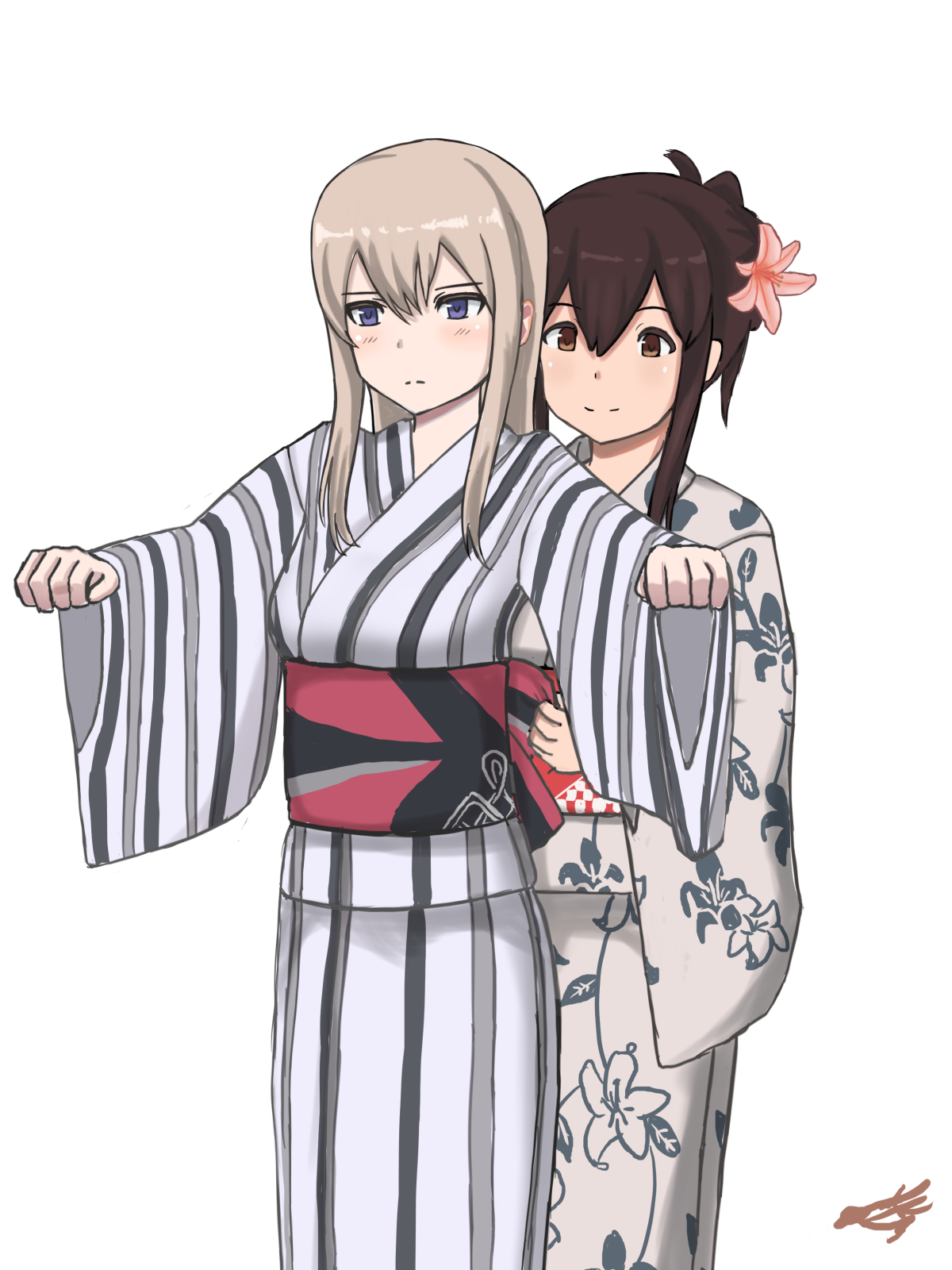 2girls akagi_(kancolle) alternate_costume alternate_hairstyle blonde_hair brown_eyes brown_hair floral_print graf_zeppelin_(kancolle) hair_between_eyes hair_bun hair_down highres japanese_clothes kantai_collection kimono long_hair multiple_girls outstretched_arms purple_eyes signature simple_background smile striped_clothes striped_kimono tanasiso vertical-striped_clothes vertical-striped_kimono white_background