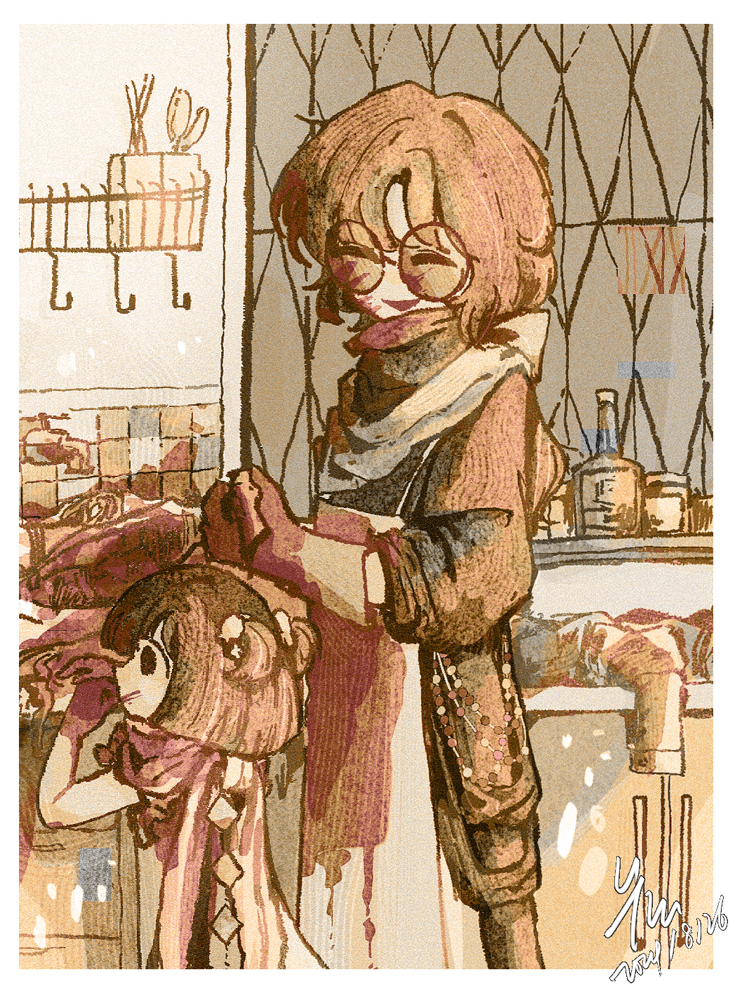1boy 1girl apron blood blood_on_clothes blood_on_face blood_on_hands border brown_hair chinese_commentary closed_eyes commentary_request gloves highres huai_huizhi huai_yunqing long_hair long_sleeves medium_hair open_mouth scarf short_twintails signature smile sunglasses touqi_guaitan twintails white_apron white_border white_gloves white_scarf ygclmss