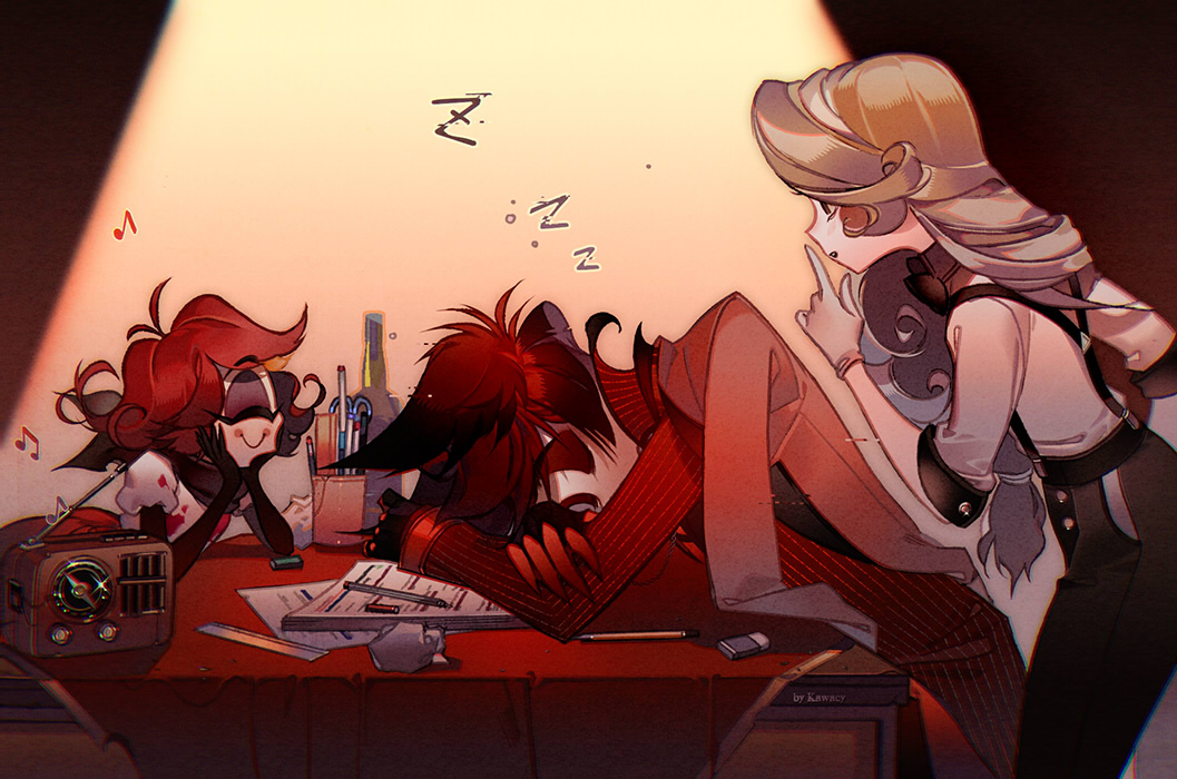 1boy 2girls alastor_(hazbin_hotel) blonde_hair blush_stickers charlie_morningstar demon_boy demon_girl hazbin_hotel kawacy long_hair medium_hair multiple_girls niffty_(hazbin_hotel) radio red_hair sleeping