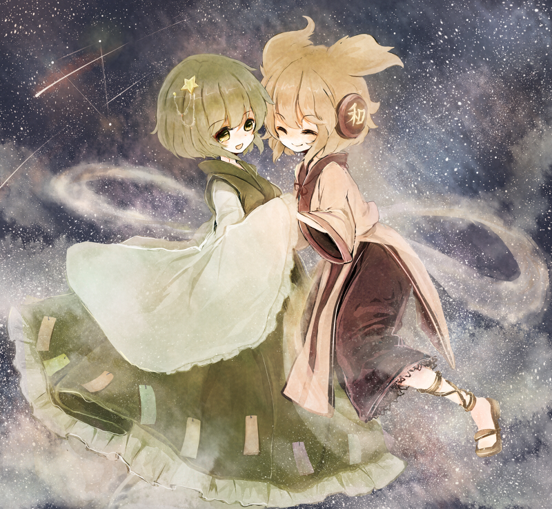 2girls alternate_costume anklet ashiyu_(ashu-ashu) brown_hair closed_eyes cosplay dress earmuffs green_dress green_hair hair_ornament headphones hikoboshi hikoboshi_(cosplay) holding_hands japanese_clothes jewelry long_sleeves multiple_girls orihime_(cosplay) orihime_(tanabata) pointy_hair sandals shawl sleeves_past_wrists smile soga_no_tojiko space star_(sky) star_(symbol) tanabata tanzaku touhou toyosatomimi_no_miko yuri