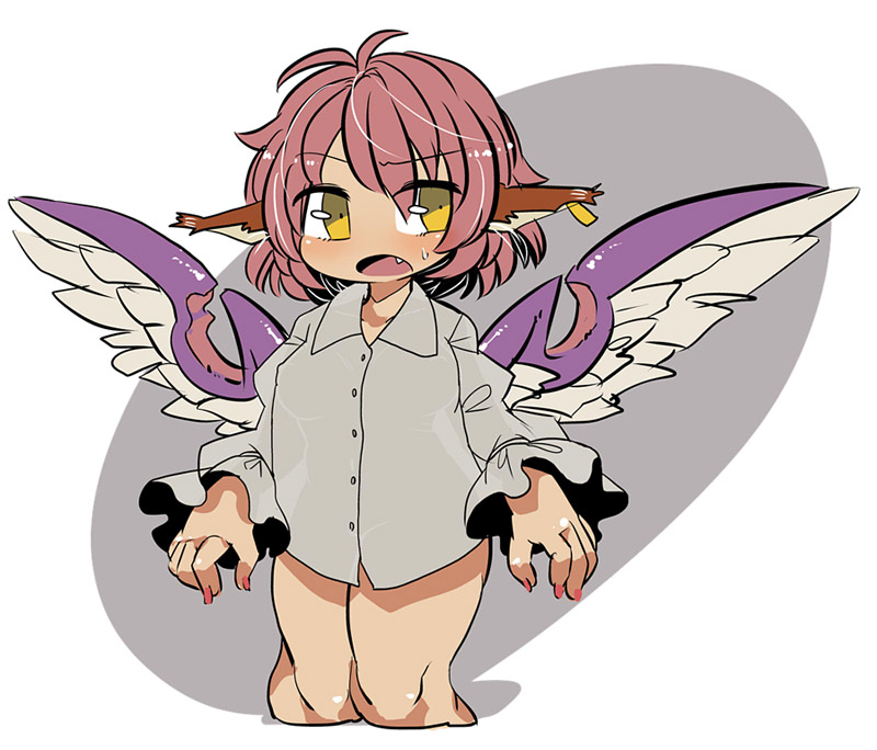1girl animal_ears bird_ears bird_wings blush buttons collared_shirt earrings fang feet_out_of_frame ini_(inunabe00)_(style) jewelry long_sleeves mystia_lorelei nail_polish open_mouth parody pink_hair pink_nails shirt short_hair single_earring solo style_parody touhou white_background white_shirt white_wings wings yellow_eyes yt_(wai-tei)