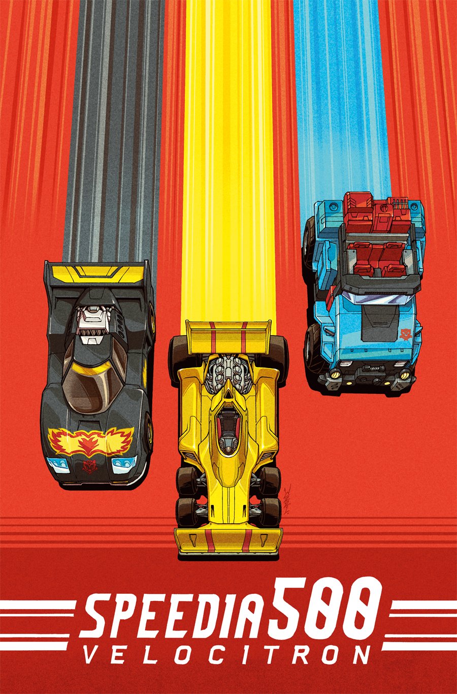 autobot comic_cover commentary cover cover_page dragstrip engine english_commentary flame_print from_above highres hot_shot_(transformers) insignia no_humans official_art ricochet_(transformers) spoiler_(automobile) the_transformers_(idw) transformers vehicle_focus wheel windshield winston_chan