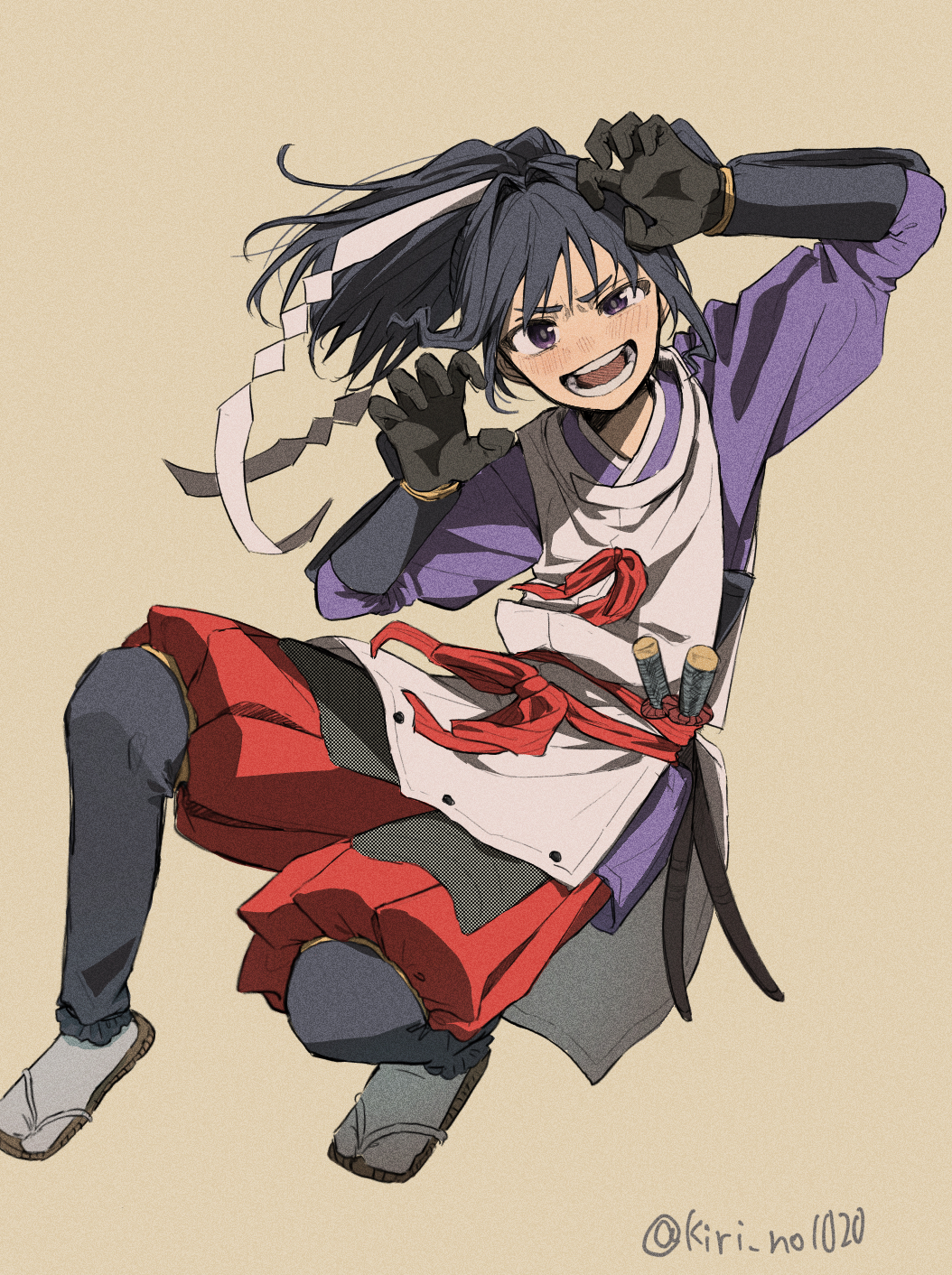 1boy armor artist_name baggy_pants belt black_gloves black_hair blush bow brown_background brown_sandals commentary_request floating_hair full_body gloves gohei hands_up high_ponytail highres houjou_tokiyuki_(nige_jouzu_no_wakagimi) japanese_armor japanese_clothes kariginu katana kiri_no1020 kote kurokote long_hair long_sleeves looking_at_viewer male_focus nige_jouzu_no_wakagimi oonusa open_mouth pants ponytail puffy_long_sleeves puffy_sleeves purple_eyes purple_shirt red_belt red_bow red_pants sandals shirt simple_background smile socks solo sword teeth v-shaped_eyebrows weapon white_socks