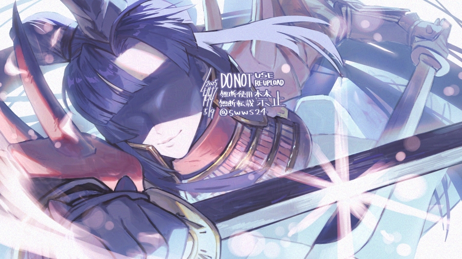 1girl armor black_hair blindfold closed_mouth commentary dated fate/grand_order fate_(series) fighting_stance hair_bun hat high_side_ponytail holding holding_sword holding_weapon japanese_armor kote single_side_bun smile solo sparkle sword taira_no_kagekiyo_(fate) taira_no_kagekiyo_(second_ascension)_(fate) tate_eboshi tsunetaka_rakurai twitter_username ushiwakamaru_(fate) weapon