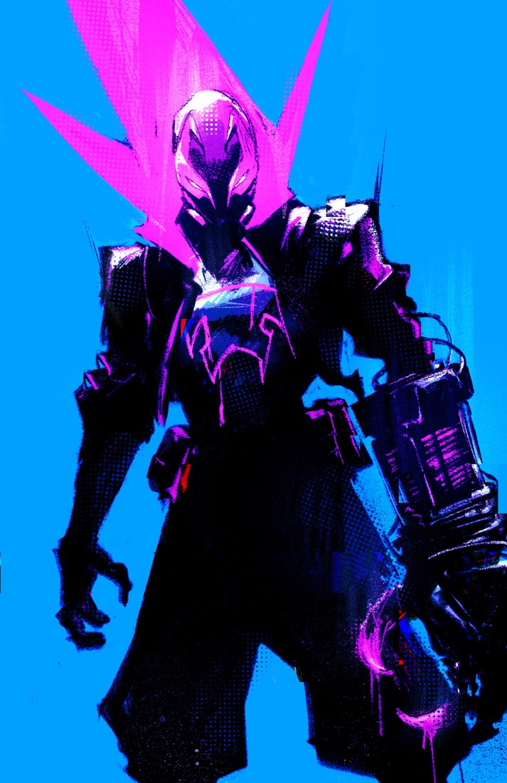 1boy blue_background chun_lo claws looking_at_viewer male_focus marvel mask mask_on_head miles_g._morales pouch prowler_(marvel) shorts solo spider-man:_across_the_spider-verse spider-man_(series) spider-verse