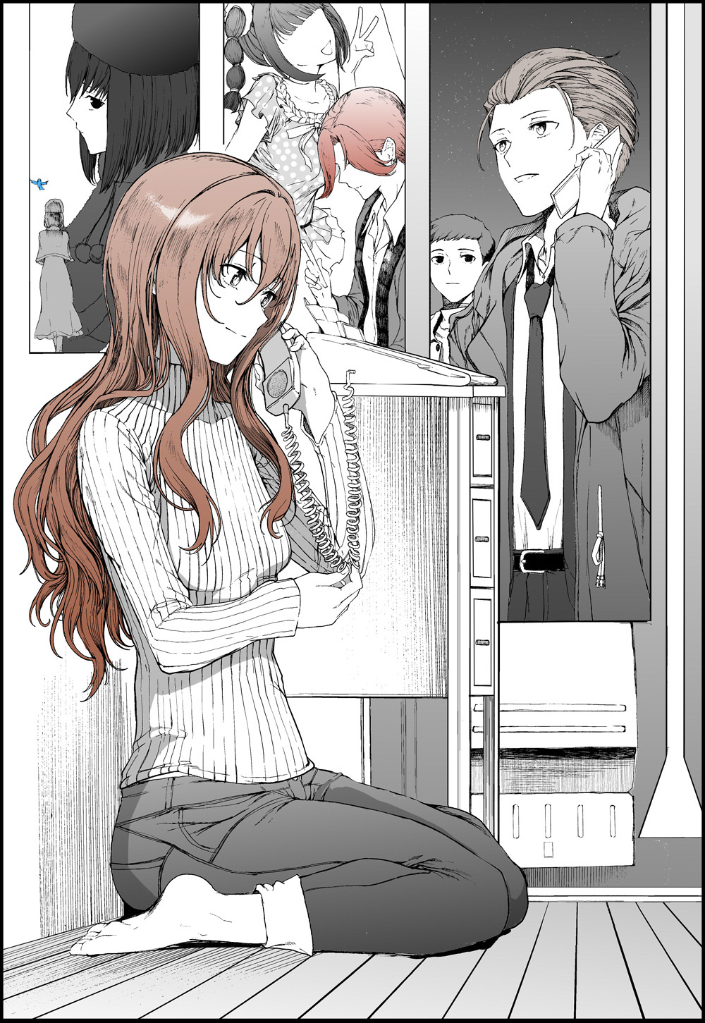 aged_up bird cellphone denim fate/grand_order fate_(series) flip_phone greyscale hair_slicked_back hat highres jeans kinomi_housuke kumari_kojika kuonji_alice letter long_coat lost_robin_rondo mahou_tsukai_no_yoru monochrome necktie pants phone ribbed_sweater shizuki_soujuurou sitting spot_color sweater syatey tsukiji_tobimaru walking_away wariza writing
