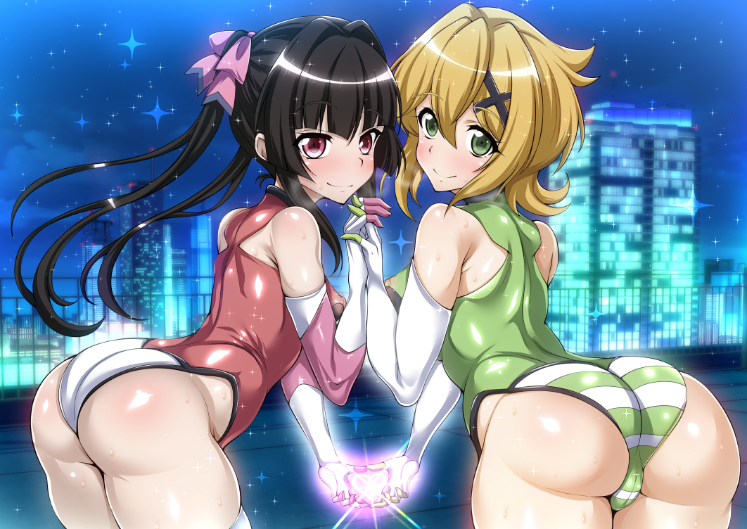 akatsuki_kirika amanatsu_mikan ass black_hair blonde_hair blunt_bangs blush breasts cameltoe cityscape covered_erect_nipples from_behind gloves green_eyes green_leotard hair_ornament heart heart_hands impossible_clothes impossible_leotard leotard long_hair looking_at_viewer looking_back medium_breasts multiple_girls night outdoors pink_eyes pink_leotard senki_zesshou_symphogear shiny_skin short_hair skin_tight skindentation small_breasts smile striped_clothes sweat thighhighs tsukuyomi_shirabe twintails undersuit x_hair_ornament