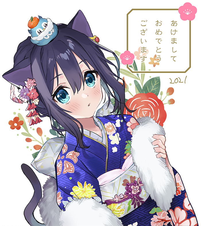 1girl animal animal_ears animal_on_head belt bird bird_on_head black_tail blue_bird blue_eyes blue_kimono blush cat_ears cat_girl cat_tail earrings floral_print flower flower_on_head flower_ornament food fran_(tensei_shitara_ken_deshita) fruit fur_(clothing) gold_earrings hair_between_eyes hair_flower hair_ornament hand_up japanese_clothes jewelry kimono leaf light_blush mandarin_orange medium_hair on_head orange_flower parted_lips pink_flower purple_flower red_flower simple_background tail tensei_shitara_ken_deshita upper_body white_background white_belt white_fur yellow_flower yukata zooya