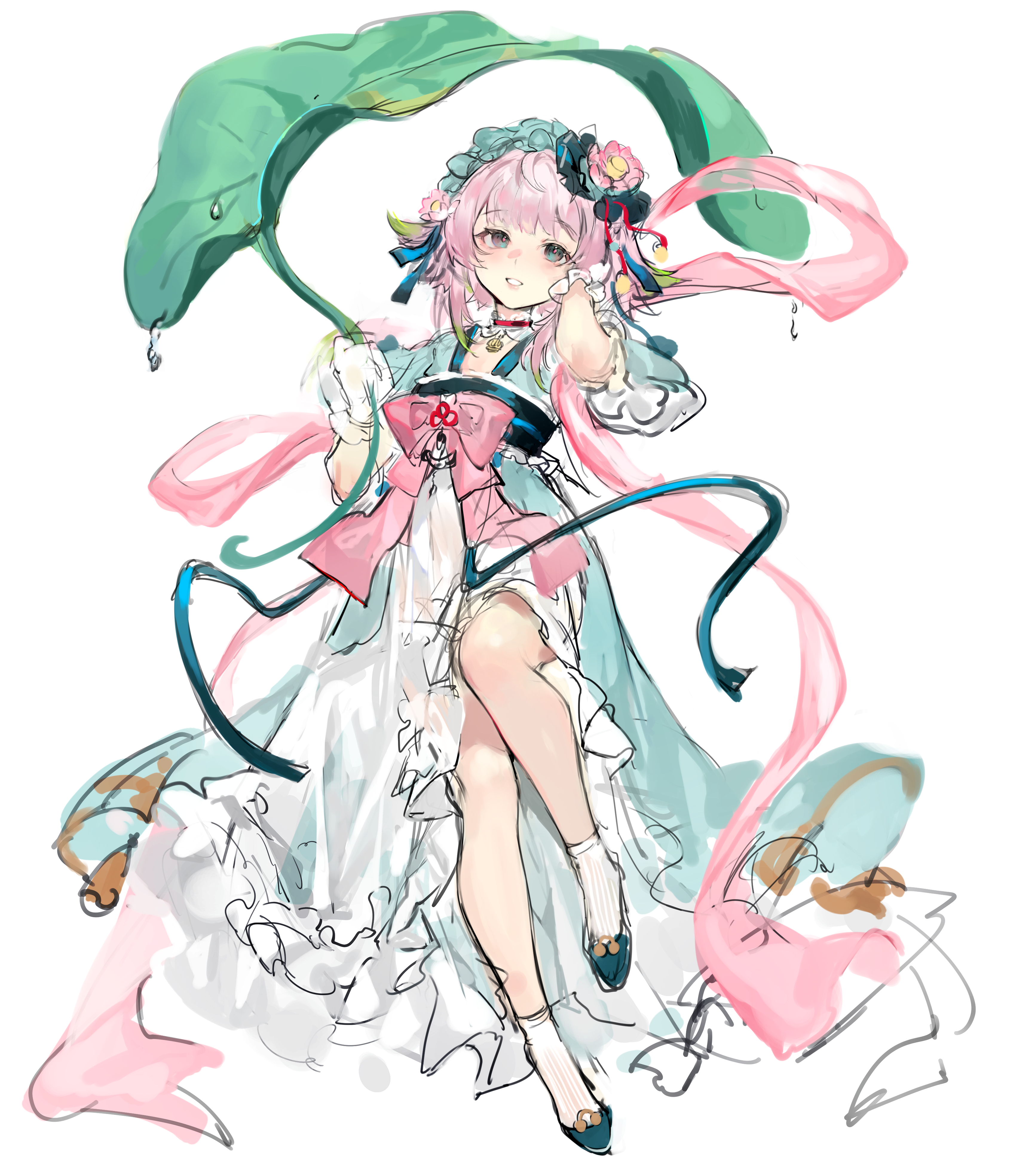 1girl absurdres aqua_dress blue_eyes blue_footwear blush bow chinese_clothes choker dress flower frilled_dress frilled_gloves frills full_body gloves hand_in_own_hair hands_up hanfu highres holding holding_leaf holding_umbrella jinan_(warship_girls_r) leaf leaf_umbrella long_dress looking_up lotus lotus_leaf multicolored_dress official_alternate_costume open_mouth pink_bow pink_hair pink_lips pink_pupils qixiong_ruqun red_choker short_hair simple_background sketch smile socks solo umbrella warship_girls_r water_drop white_background white_dress white_gloves white_socks xiangchizhubijin