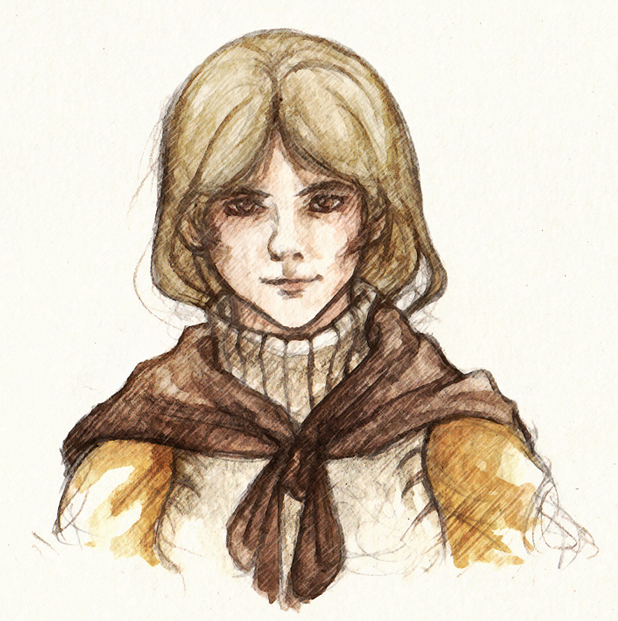 1girl alma_beoulve artist_request blonde_hair cape female_focus final_fantasy final_fantasy_tactics short_hair simple_background smile solo white_background