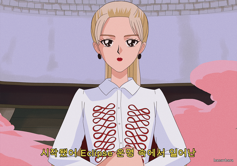 1990s_(style) 1girl animification artist_name blonde_hair closed_mouth colored_smoke commentary earrings english_commentary eyelashes hanavbara jacket jewelry k-pop kim_lip long_sleeves looking_at_viewer loona_(group) lyrics ponytail real_life red_lips retro_artstyle smoke solo upper_body white_jacket