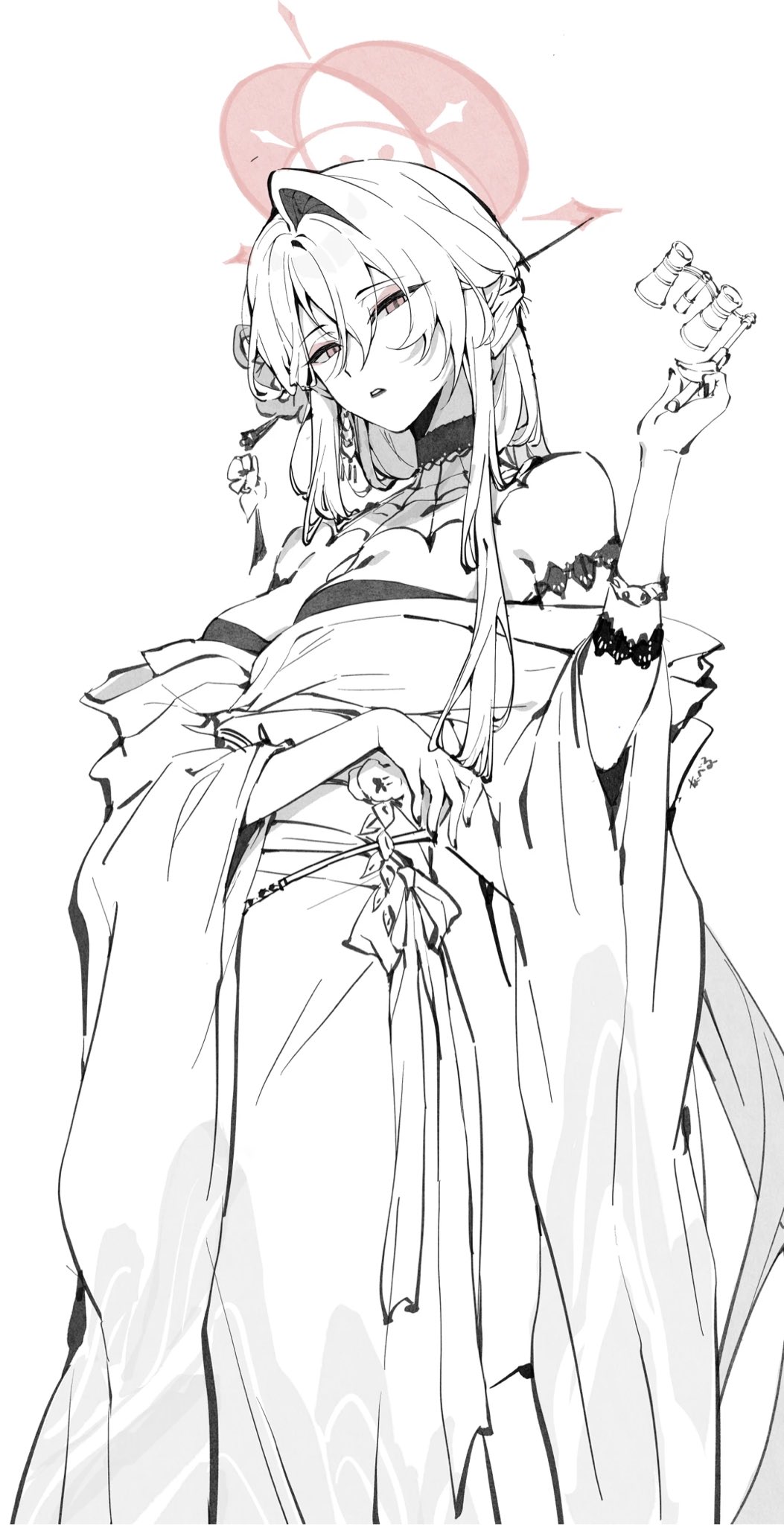 1girl bare_shoulders blue_archive breasts greyscale hair_between_eyes hair_ornament hair_stick halo highres holding japanese_clothes kimono kokuriko_(blue_archive) long_hair medium_breasts monochrome nail_polish opera_glasses parted_lips sash simple_background solo spot_color very_long_hair wide_sleeves youguo_naberu