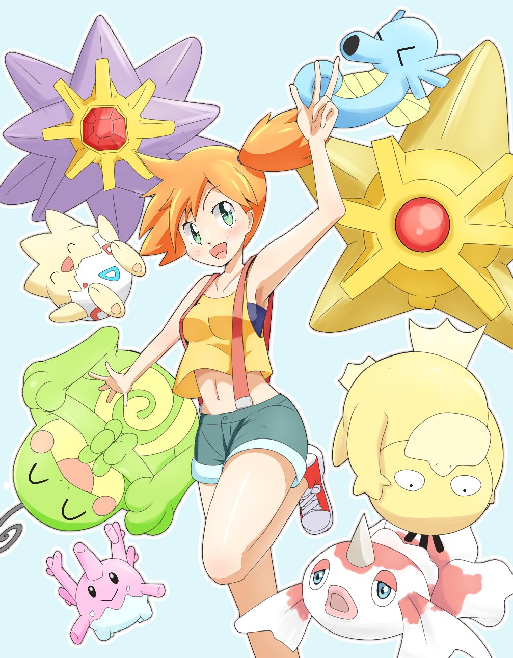 1girl armpits asymmetrical_hair breasts corsola creatures_(company) denim denim_shorts game_freak gen_1_pokemon gen_2_pokemon goldeen green_eyes green_shorts highres horsea misty_(pokemon) nintendo pokemon pokemon_(anime) pokemon_sm042 pokemon_sm_(anime) politoed ponytail psyduck shirt shoes short_hair short_shorts shorts side_ponytail solo starmie staryu suspender_shorts suspenders tank_top togepi underwater yellow_shirt