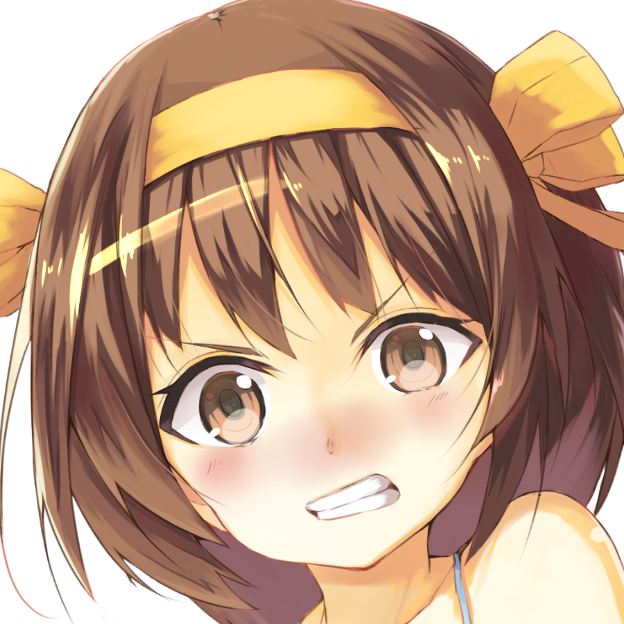 1girl blush bow brown_eyes brown_hair clenched_hand collarbone female_focus hair_bow hairband looking_at_viewer portrait short_hair solo suzumiya_haruhi suzumiya_haruhi_no_yuuutsu tsuru_(tsubasa1993621) v-shaped_eyebrows yellow_bow yellow_hairband