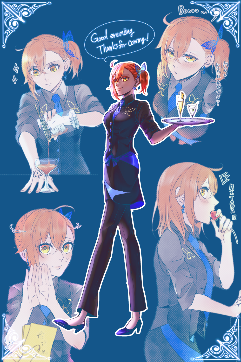 1girl ahoge bad_id bad_pixiv_id black_jacket black_pants blue_background blue_footwear blue_neckwear blush butterfly_hair_ornament closed_mouth cocktail_glass collared_shirt cup drinking_glass earrings english_text fate/grand_order fate_(series) fujimaru_ritsuka_(female) grey_shirt hair_between_eyes hair_ornament high_heels highres jacket james_moriarty_(archer)_(fate) james_moriarty_(gray_collar)_(fate) jewelry long_sleeves multiple_views necktie orange_hair pants pumps redrabbit44 shirt short_hair side_ponytail sleeves_rolled_up smile wing_collar yellow_eyes