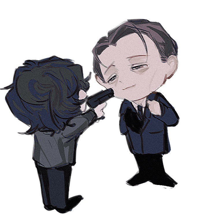 2boys aiming animification at_gunpoint black_footwear black_hair black_pants blazer blue_coat blue_neckerchief brown_eyes brown_hair chibi chinese_commentary coat coat_tug collared_coat collared_shirt commentary_request face-to-face forehead from_behind grey_jacket gun half-closed_eyes handgun handkerchief hannibal_(tv_series) hannibal_lecter haogou_bianshang_piao holding holding_gun holding_handkerchief holding_weapon jacket lapels long_sleeves looking_at_another male_focus messy_hair multiple_boys neckerchief notched_lapels pants shirt shoes short_hair simple_background standing weapon white_background white_shirt will_graham wrinkled_skin