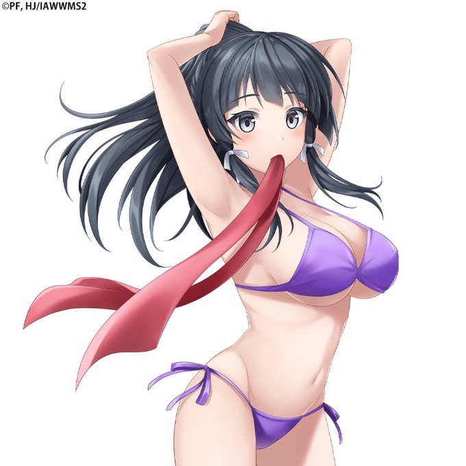 1girl bare_shoulders bikini black_hair blush bow breasts cleavage closed_mouth collarbone hair_bow high_ponytail isekai_wa_smartphone_to_tomo_ni. kokonoe_yae large_breasts long_hair looking_at_viewer navel ponytail red_bow ribbon simple_background solo swimsuit thighhighs very_long_hair white_background