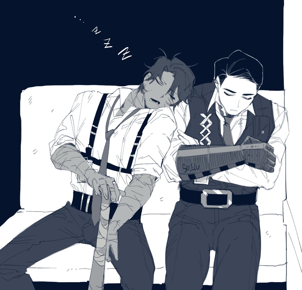 2boys baseball_cap belt blue_theme collared_shirt crossed_arms gauntlets hat heathcliff_(project_moon) limbus_company long_sleeves male_focus meursault_(project_moon) monochrome multiple_boys necktie nyak_138 pants project_moon scar shirt sitting sleeping