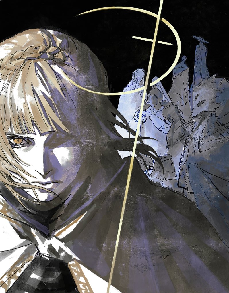 2girls 5boys armor armor_under_clothes black_background blonde_hair blunt_bangs bonley braid cloak commentary_request crown_braid dryleaf_dane elden_ring elden_ring:_shadow_of_the_erdtree golden_cross_(elden_ring) hat helm helmet hornsent_(elden_ring) knight looking_at_viewer moore_(elden_ring) multiple_boys multiple_girls needle_knight_leda obscured_eyes ornate_armor redmane_freyja robe sir_ansbach thiollier_(elden_ring) white_cloak white_hood white_mask yellow_eyes