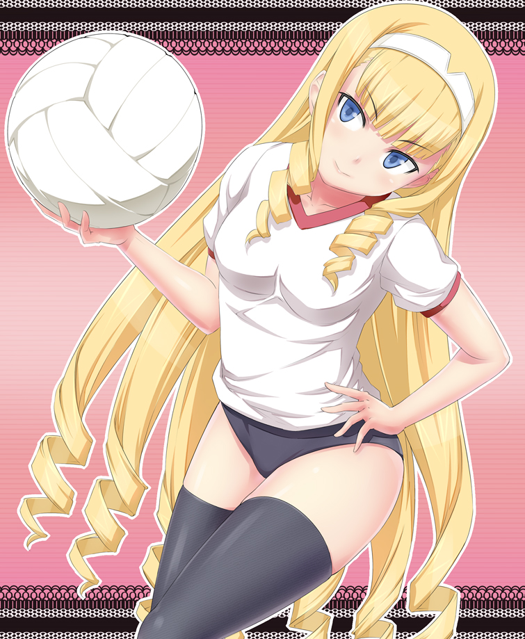 1girl ball black_thighhighs blonde_hair blue_eyes breasts buruma curly_hair dream_c_club dream_c_club_(series) dream_c_club_zero female_focus gym_uniform hairband hand_on_own_hip haruka_(dream_c_club) head_tilt hip_focus long_hair shougi_(116) smile solo sportswear thighhighs very_long_hair volleyball volleyball_(object) volleyball_uniform
