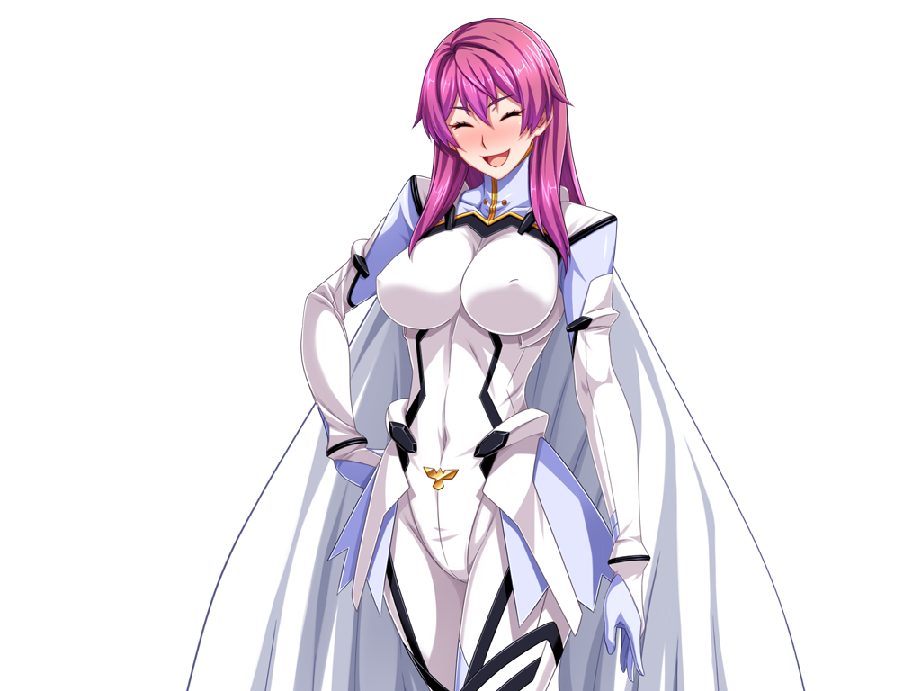 1girl ^_^ blush bodysuit breasts cape closed_eyes covered_erect_nipples covered_navel game_cg gentle_sasaki gloves hand_on_own_hip large_breasts large_variant_set long_hair mole mole_under_eye non-web_source official_art open_mouth pink_hair prism_reica purple_hair shindou_hatsune skin_tight smile solo soukou_senki_prism_reica transparent_background variant_set white_bodysuit