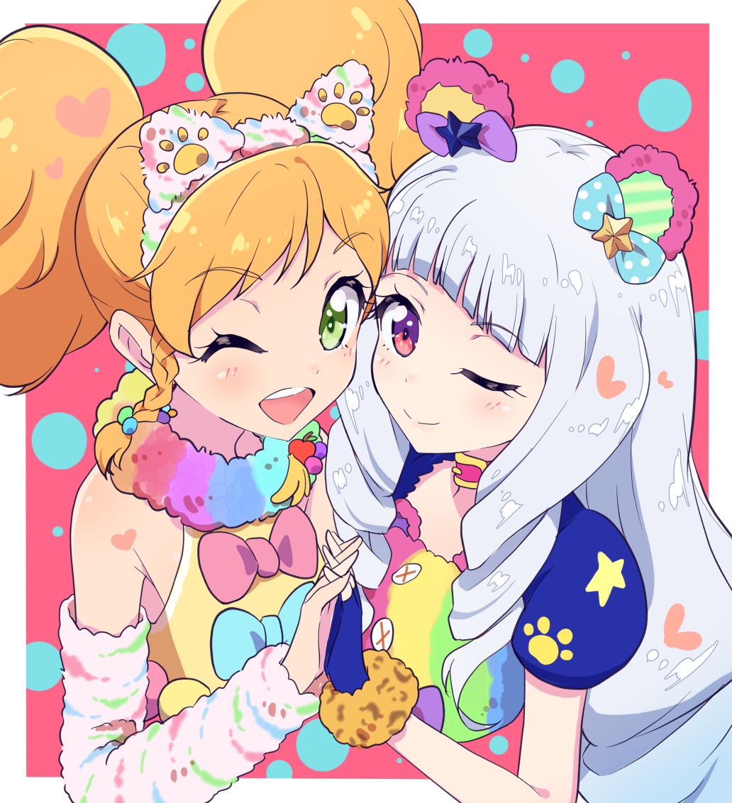 2girls ;) ;d aikatsu!_(series) aikatsu_stars! animal_ear_hairband animal_ears bear_ears blonde_hair blue_gloves blue_hair blunt_bangs border bow braid cat_ear_hairband cat_ears cbgb cropped_torso detached_sleeves drill_hair fake_animal_ears fingerless_gloves fur_collar gloves green_eyes hairband idol_clothes interlocked_fingers long_hair looking_at_viewer multiple_girls nikaido_yuzu one_eye_closed open_mouth outside_border pink_background puffy_short_sleeves puffy_sleeves shirogane_lily short_sleeves side_braid smile twintails white_border