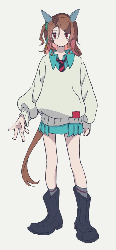 1girl amate_yuzuriha amate_yuzuriha_(cosplay) animal_ears aqua_shirt aqua_skirt black_boots black_necktie boots brown_hair closed_mouth collared_shirt commentary_request cosplay ear_covers full_body grey_socks gundam gundam_gquuuuuux horse_ears horse_girl horse_tail king_halo_(umamusume) necktie ohsaka_kaname pleated_skirt red_eyes red_necktie shirt skirt socks solo standing striped_necktie sweater tail umamusume white_sweater